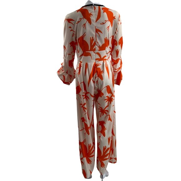 OC Order Womens S Poet Sleeve Bird Print Jumpsuit Deep Neck Wide Leg Resort Wear - Picture 3 of 16